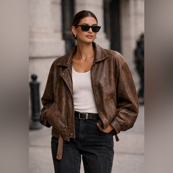 Vintage Jackets & Blazers - Vintage Mario Delfino Leather Bomber Jacket – Dolman Sleeve, (Size 6)